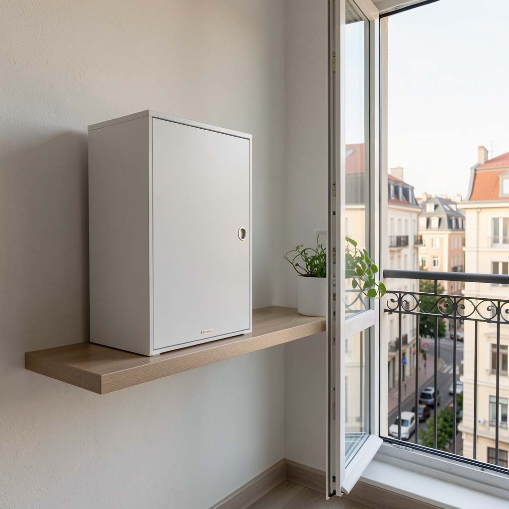 Netatmo бела паметна временска станица са додатним сензорима за унутрашност поред прозора са зеленилом у позадини